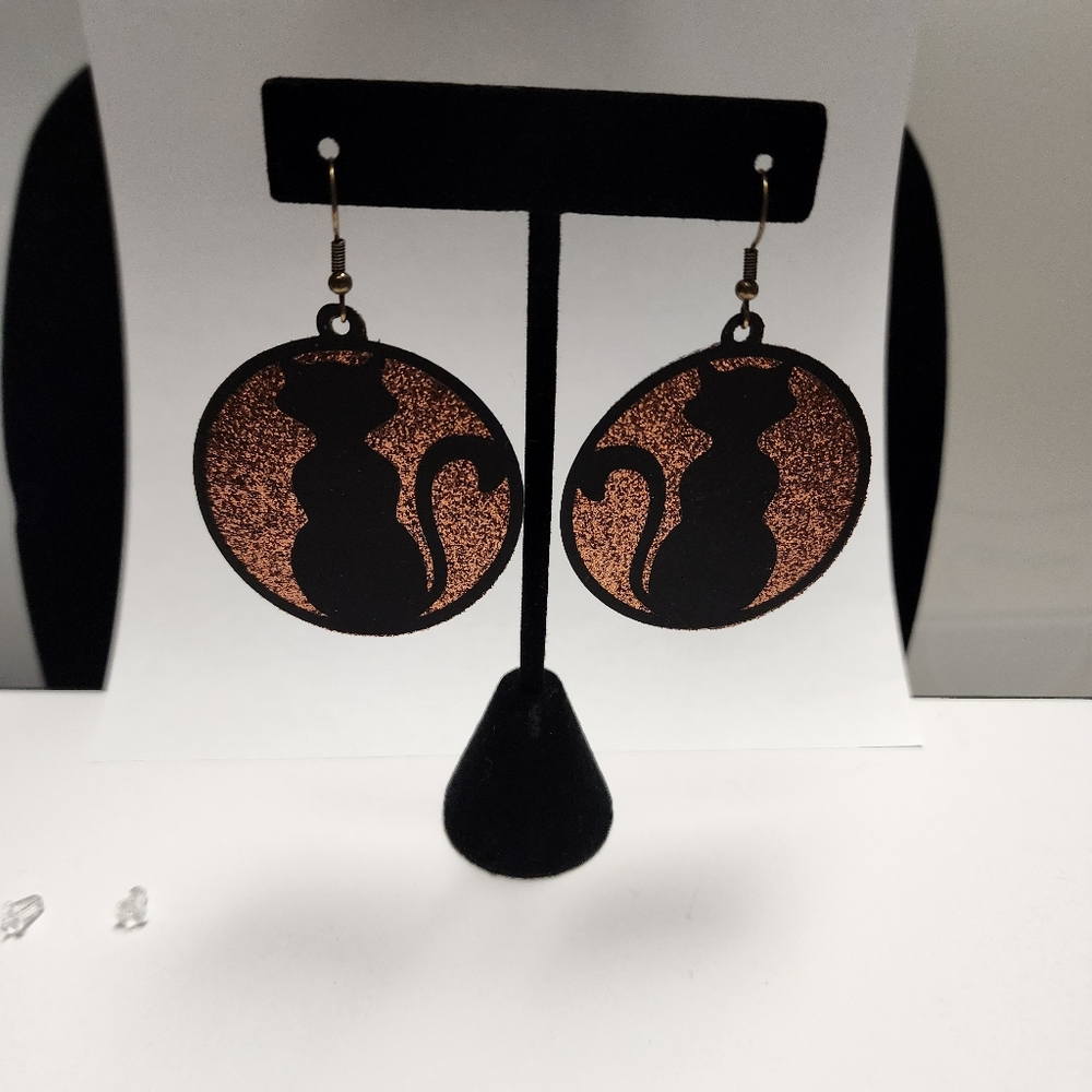 Handmade glitter faux leather dangle earrings with cat silhouette